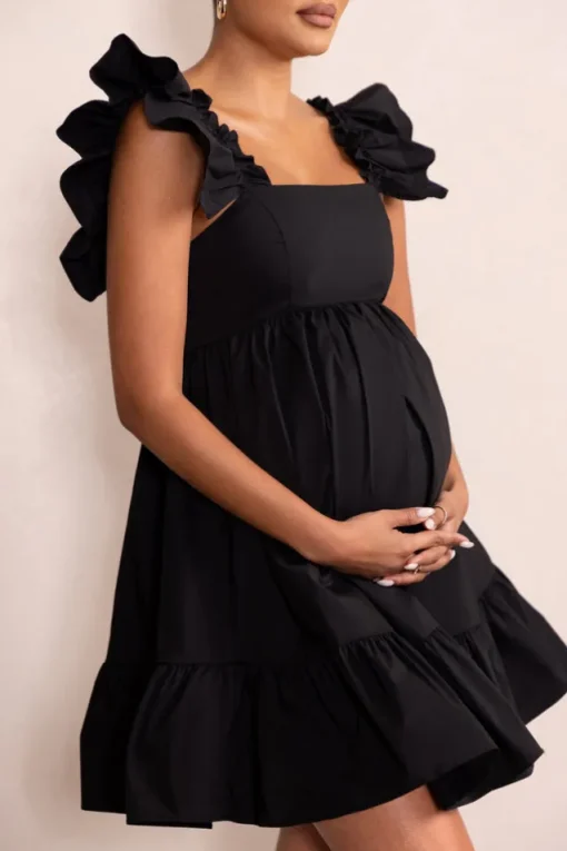 Dolly Daze | Black Maternity Ruffle Mini Dress
