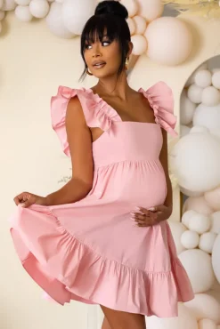 Dolly Daze | Pink Maternity Ruffle Sleeve Babydoll Mini Dress