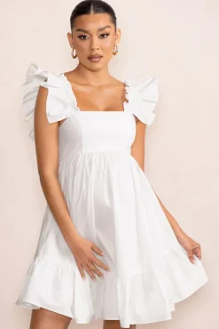 Dolly Daze | White Maternity Ruffle Sleeve Babydoll Mini Dress