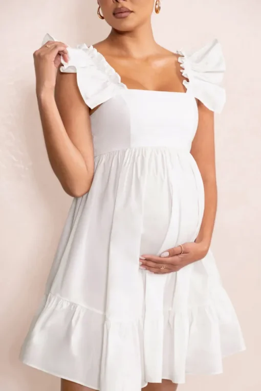 Dolly Daze | White Maternity Ruffle Sleeve Babydoll Mini Dress