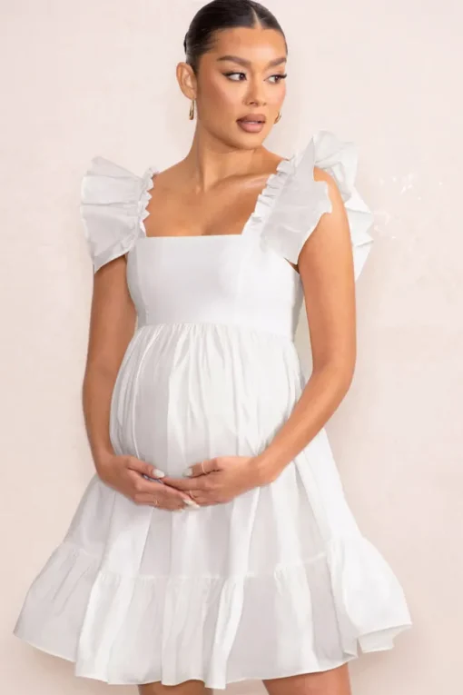 Dolly Daze | White Maternity Ruffle Sleeve Babydoll Mini Dress