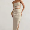 Dominica | Ecru Textured Bandeau Cut-Out Split Maxi Dress