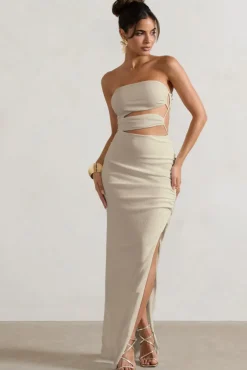 Dominica | Ecru Textured Bandeau Cut-Out Split Maxi Dress