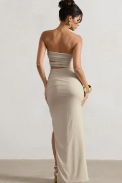Dominica | Ecru Textured Bandeau Cut-Out Split Maxi Dress