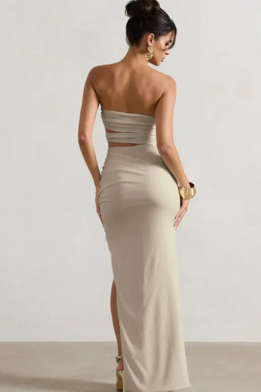 Dominica | Ecru Textured Bandeau Cut-Out Split Maxi Dress