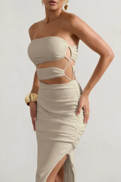 Dominica | Ecru Textured Bandeau Cut-Out Split Maxi Dress