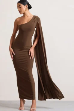 Dominique | Chocolate Brown One Shoulder Cape Sleeve Bodycon Maxi Dress