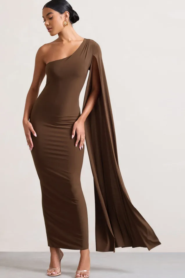 Dominique | Chocolate Brown One Shoulder Cape Sleeve Bodycon Maxi Dress
