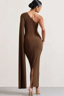 Dominique | Chocolate Brown One Shoulder Cape Sleeve Bodycon Maxi Dress