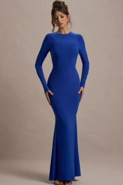 Donna | Cobalt Blue Long-Sleeved Open-Back Maxi Dress