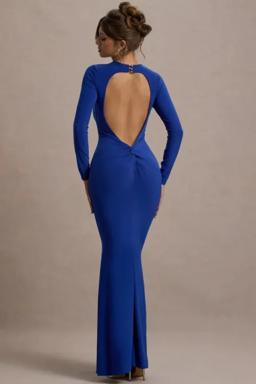 Donna | Cobalt Blue Long-Sleeved Open-Back Maxi Dress