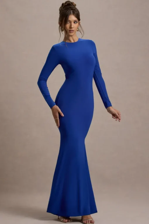 Donna | Cobalt Blue Long-Sleeved Open-Back Maxi Dress