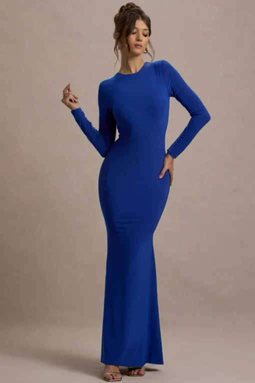 Donna | Cobalt Blue Long-Sleeved Open-Back Maxi Dress
