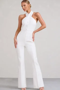 Don't Cross Me | White Halter Neck Tailored Buttoned Sleeveless Jumpsuit