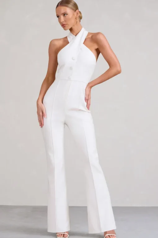 Don't Cross Me | White Halter Neck Tailored Buttoned Sleeveless Jumpsuit