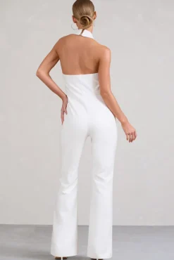 Don't Cross Me | White Halter Neck Tailored Buttoned Sleeveless Jumpsuit