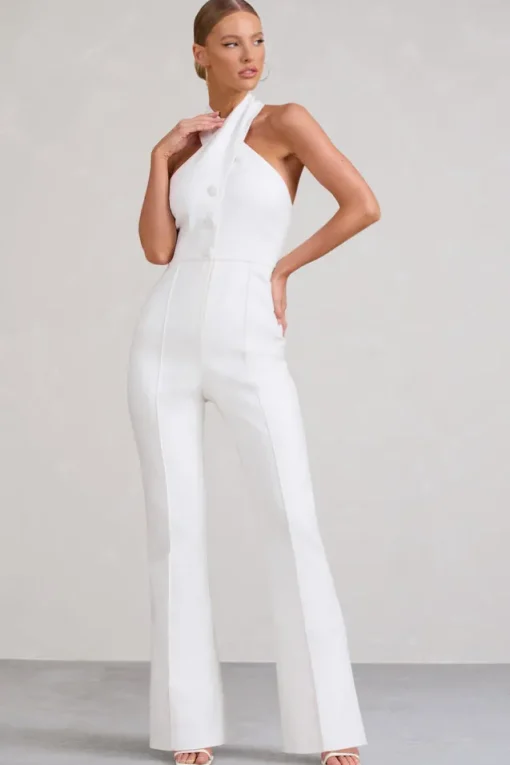 Don't Cross Me | White Halter Neck Tailored Buttoned Sleeveless Jumpsuit