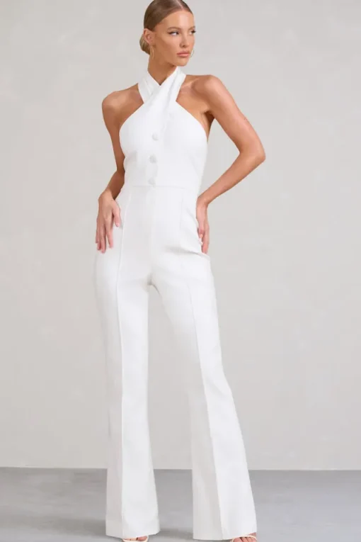 Don't Cross Me | White Halter Neck Tailored Buttoned Sleeveless Jumpsuit