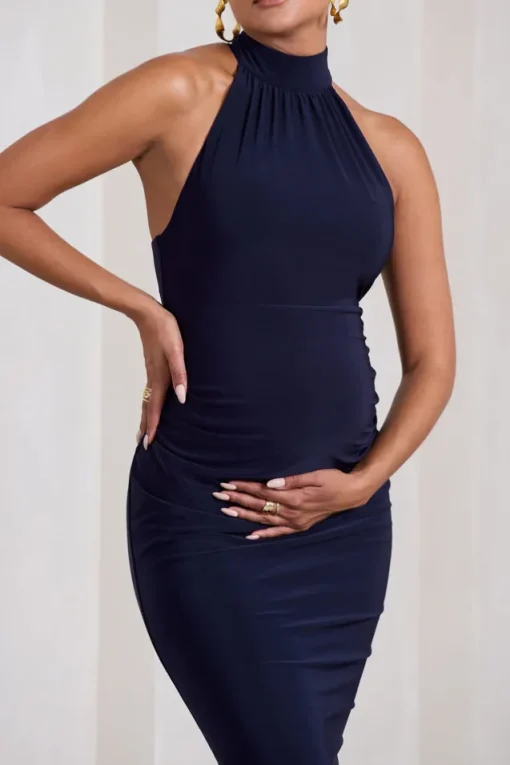 Dora | Navy Halter-Neck Open-Back Maternity Midi Dress