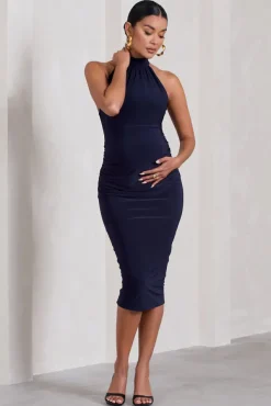 Dora | Navy Halter-Neck Open-Back Maternity Midi Dress