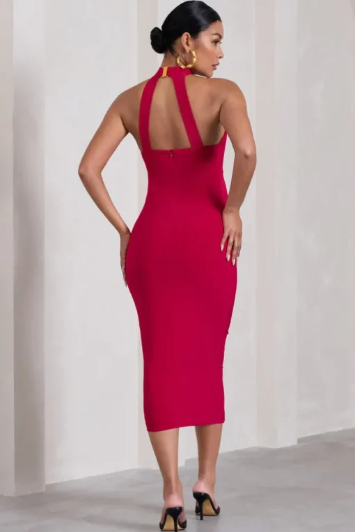Dora | Red Halter-Neck Open-Back Maternity Midi Dress