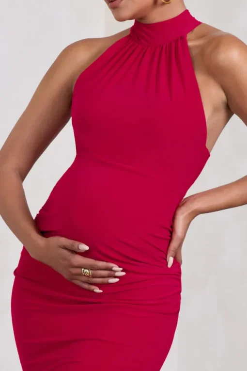 Dora | Red Halter-Neck Open-Back Maternity Midi Dress
