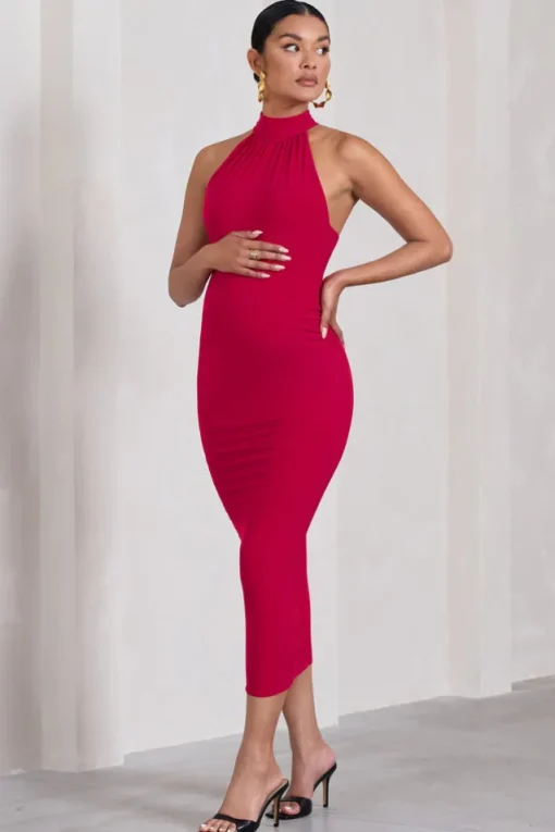 Dora | Red Halter-Neck Open-Back Maternity Midi Dress