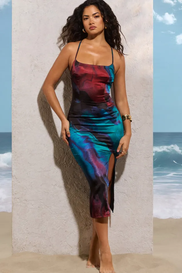 Dori | Blue Print Satin Lace-Up Split Midi Dress