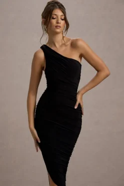 Dorit | Black One Shoulder Asymmetric Ruched Midi Dress