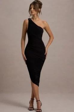 Dorit | Black One Shoulder Asymmetric Ruched Midi Dress
