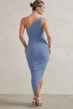 Dorit | Blue One Shoulder Asymmetric Ruched Midi Dress