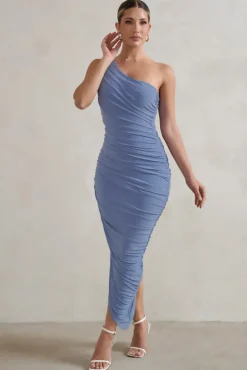 Dorit | Blue One Shoulder Asymmetric Ruched Midi Dress