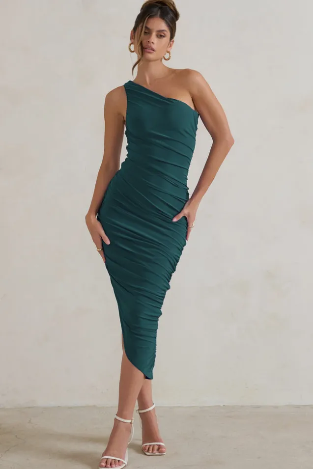 Dorit | Bottle Green One Shoulder Asymmetric Ruched Midi Dress