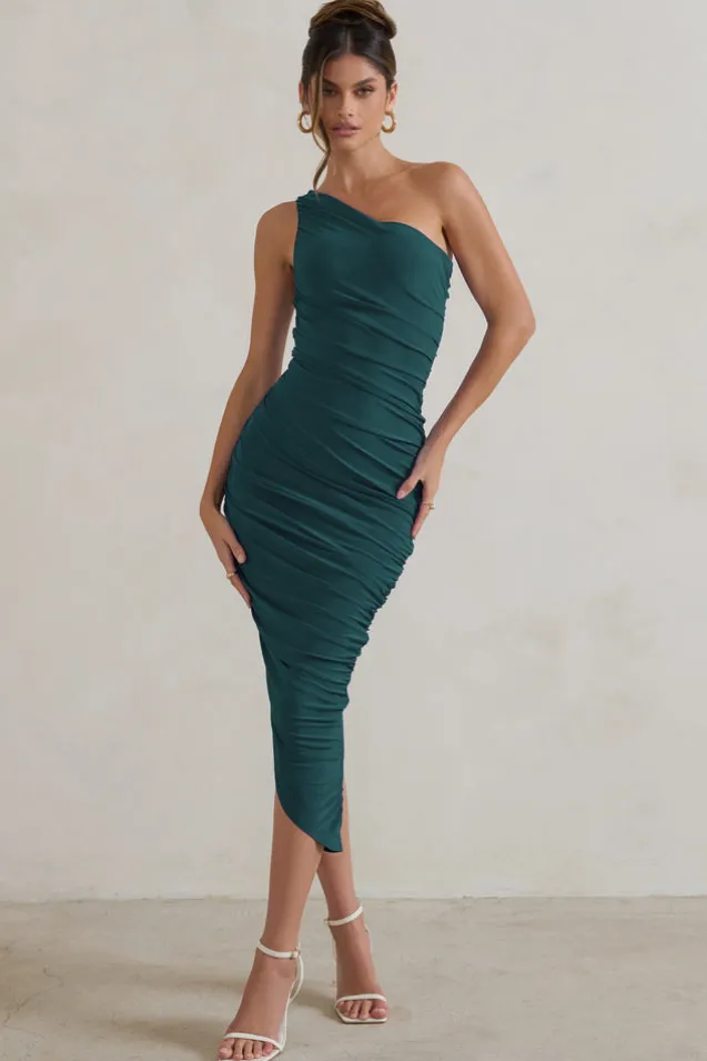 Dorit | Bottle Green One Shoulder Asymmetric Ruched Midi Dress
