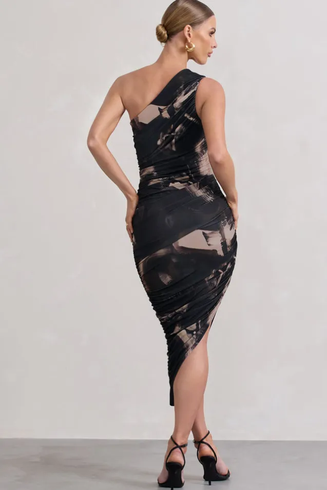 Dorit | Brown Print One Shoulder Asymmetric Ruched Midi Dress
