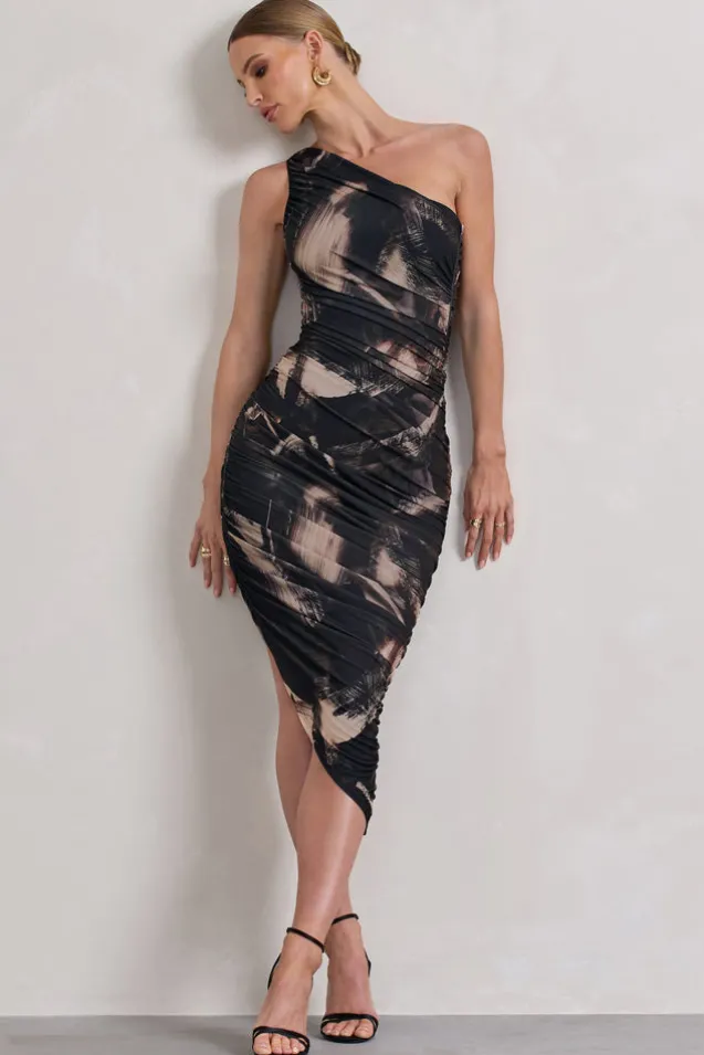 Dorit | Brown Print One Shoulder Asymmetric Ruched Midi Dress