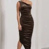 Dorit | Chocolate Velvet One Shoulder Asymmetric Ruched Midi Dress
