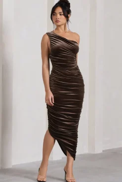 Dorit | Chocolate Velvet One Shoulder Asymmetric Ruched Midi Dress