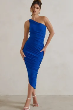 Dorit | Cobalt Blue One Shoulder Asymmetric Ruched Midi Dress