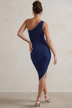 Dorit | Navy One Shoulder Asymmetric Ruched Midi Dress