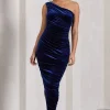Dorit | Navy Velvet One Shoulder Asymmetric Ruched Midi Dress