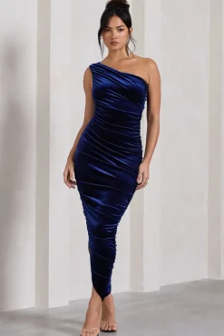 Dorit | Navy Velvet One Shoulder Asymmetric Ruched Midi Dress
