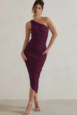 Dorit | Plum One Shoulder Asymmetric Ruched Midi Dress