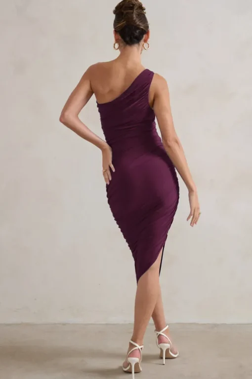 Dorit | Plum One Shoulder Asymmetric Ruched Midi Dress