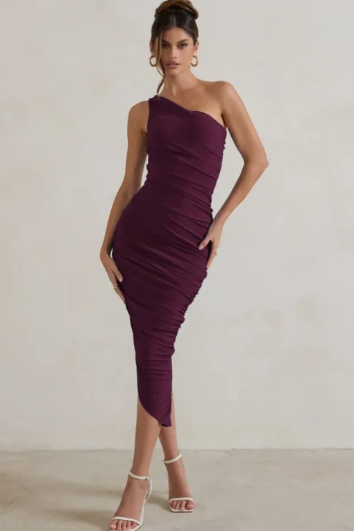 Dorit | Plum One Shoulder Asymmetric Ruched Midi Dress
