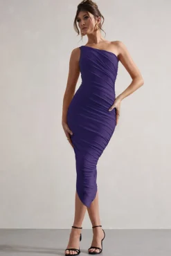 Dorit | Purple One Shoulder Asymmetric Ruched Midi Dress