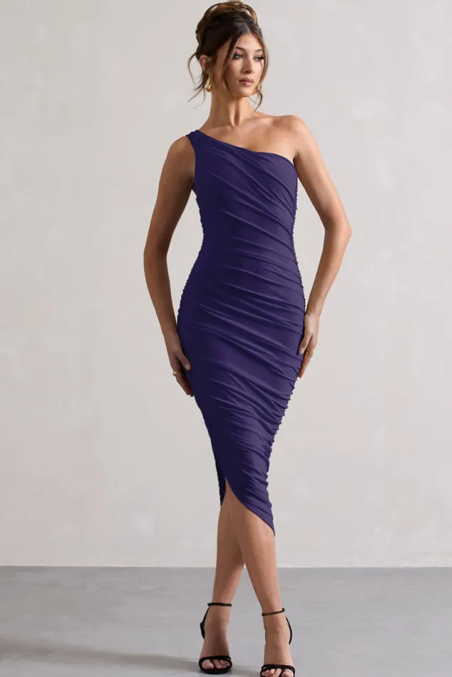 Dorit | Purple One Shoulder Asymmetric Ruched Midi Dress