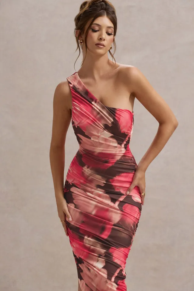 Dorit | Red Floral Print One Shoulder Asymmetric Ruched Midi Dress