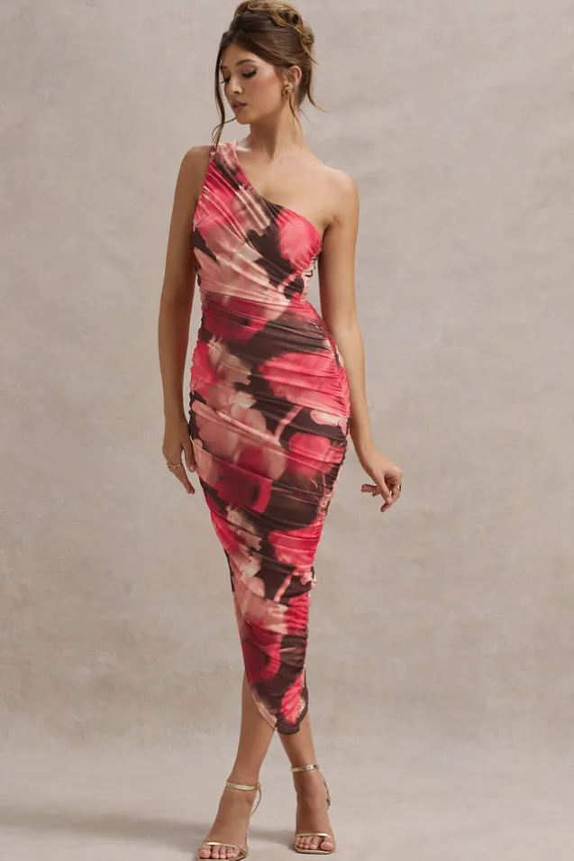 Dorit | Red Floral Print One Shoulder Asymmetric Ruched Midi Dress