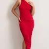 Dorit | Red One Shoulder Asymmetric Ruched Midi Dress